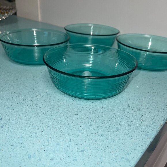 Arcoroc Vintage Cereal Bowl Teal Jardiniere Ribbed Glass Soup Set of 4 France - Picture 6 of 7